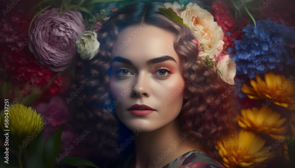 woman surrounded by flowers in spring woman surrounded by flowers in spring