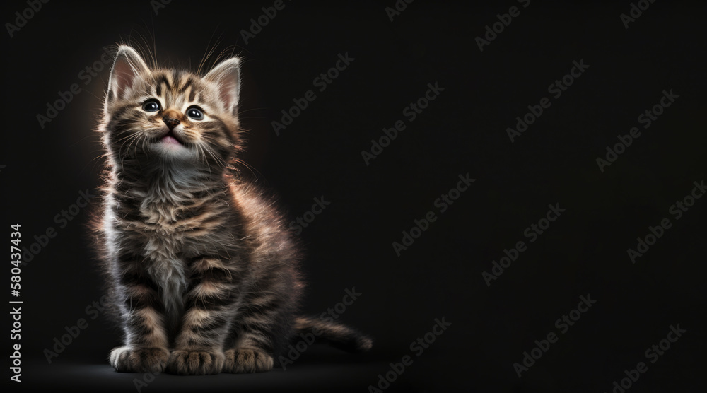 portrait of a cute kitten, photo studio set up with key light, isolated with black background and copy space - generative ai