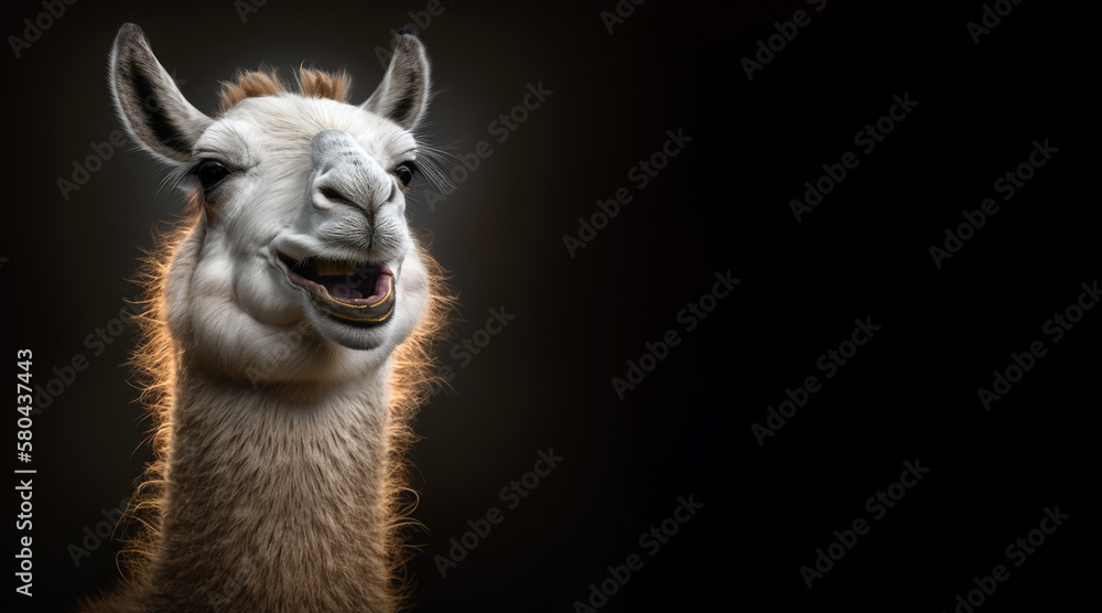 portrait of a happy lama, photo studio set up with key light, isolated with black background and copy space - generative ai