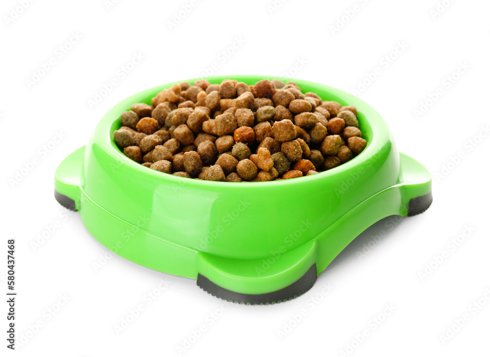 Green bowl of dry pet food on white background Green bowl of dry pet food on white background