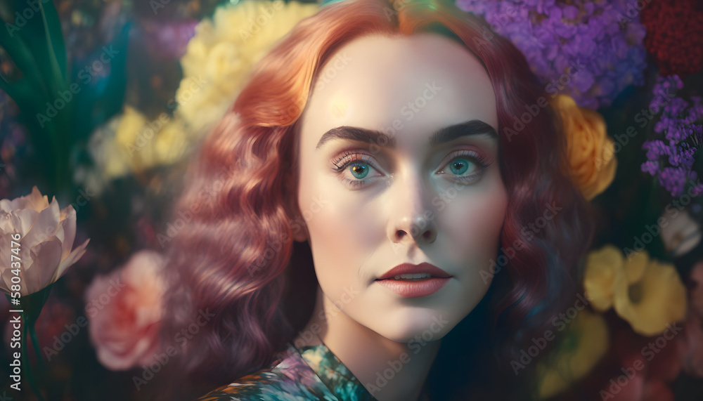 woman surrounded by flowers in spring woman surrounded by flowers in spring
