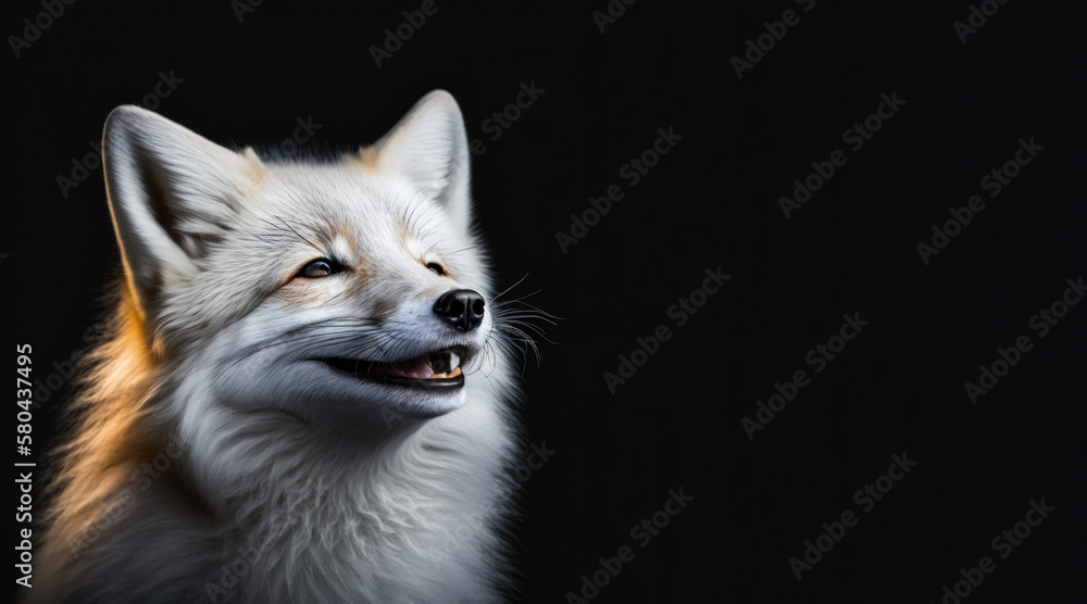 portrait of a happy smiling polar fox, photo studio set up with key light, isolated with black background and copy space - generative ai