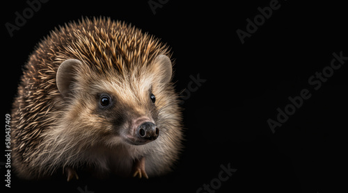 portrait of a happy hedgehog, photo studio set up with key light, isolated with black background and copy space - generative ai