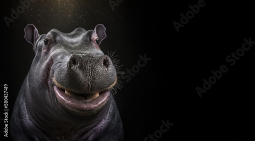 portrait of a happy smiling hippopotamus photo studio set up with key light, isolated hippo with black background and copy space - generative ai 