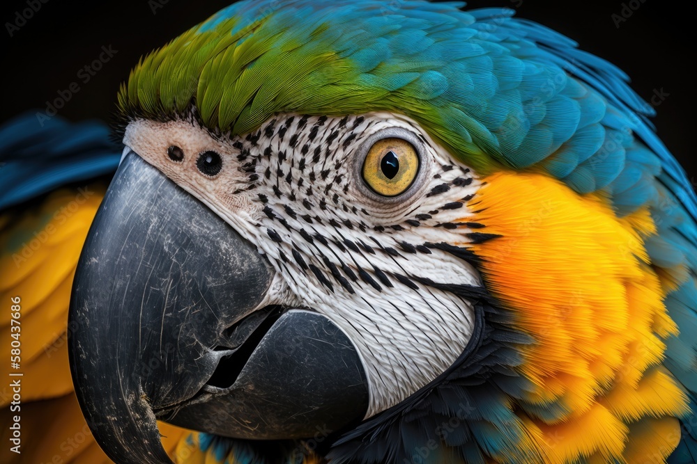 Obraz premium Macaw, blue and yellow (lat. Ara ararauna) close up. Generative AI