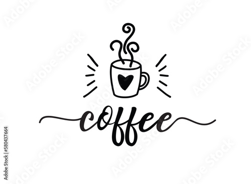 Coffee. Vector logo word. Design for poster, flyer, banner, menu cafe. Hand drawn calligraphy text. Typography coffee logo. Signboard icon coffee. Black and white illustration with cup.