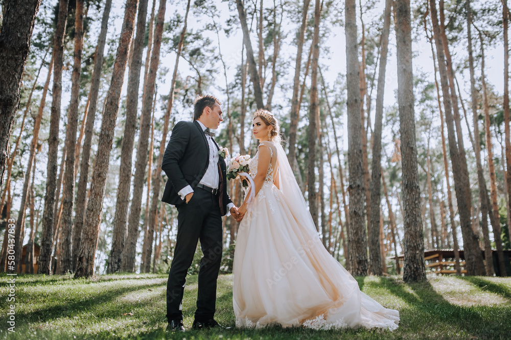 A stylish groom in a suit and a beautiful bride in a long white dress with a bouquet are standing in a pine forest at sunset, holding hands. Wedding photography, portrait of the newlyweds. A stylish groom in a suit and a beautiful bride in a long white dress with a bouquet are standing in a pine forest at sunset, holding hands. Wedding photography, portrait of the newlyweds.