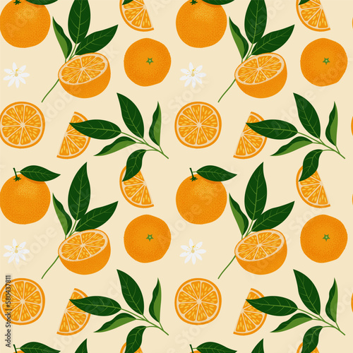 Tropical seamless pattern with orange citrus slices fruits and leaves. Vector Illustration for print fabric or wallpaper