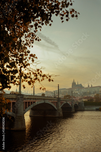 landscape at sundown in autumn in Prague, Czech Republic