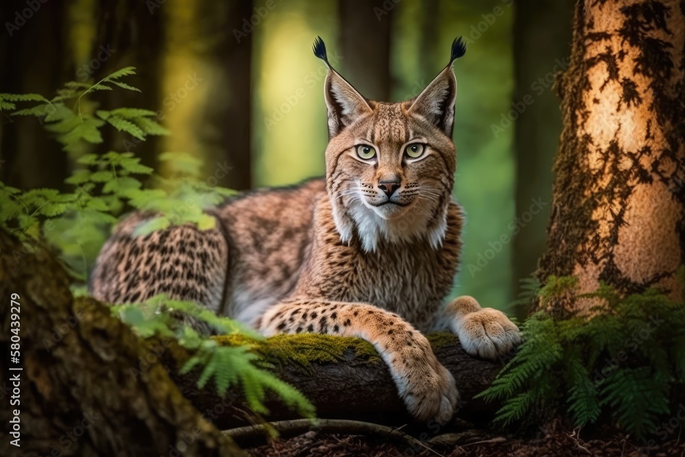 Obraz premium Lynx with a tree trunk in a green forest. Scene of wildlife in the wild. Playing Eurasian lynx, how animals act in their natural environment. Cat in the wild from Germany. There was a wild Bobcat in t