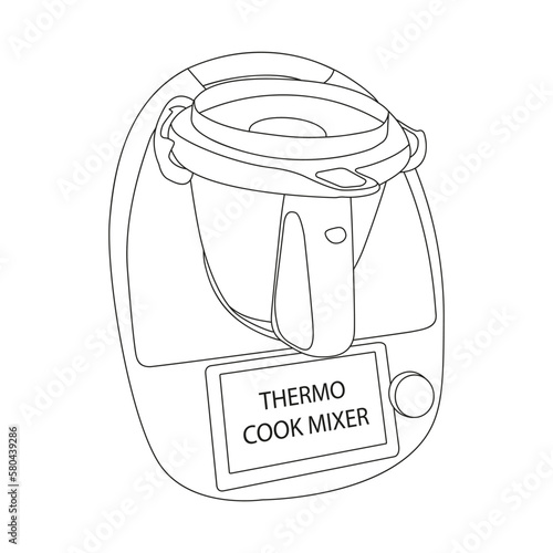drawing thermo cook mixer. Sketch smart self cooking machine.