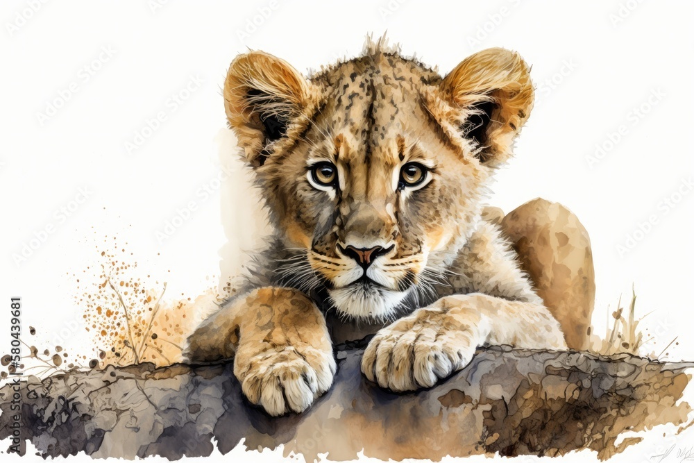 Lion cub done in watercolor. Animal cub illustration. Generative AI Lion cub done in watercolor. Animal cub illustration. Generative AI