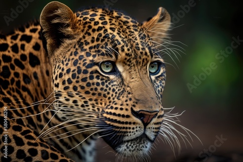 Indian wild male leopard or panther or panthera pardus fusca face closeup in natural monsoon green season during outdoor jungle safari in forest of central india asia. Generative AI