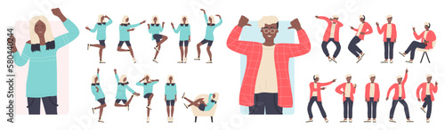 Cartoon happy dancer male female characters dancing different poses, active stylish partygoers enjoying fun party time isolated. Young dark skin man woman poses on dance party vector illustration set.