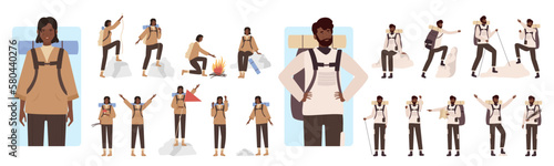 Cartoon dark skin man woman separated travelers hiking, camping, kayaking, climbing, young camper characters enjoy tourism adventures together isolated. People tourists poses vector illustration set