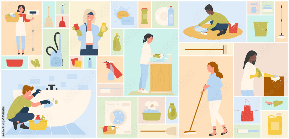 Cleaning service set with equipment and working people in apron and gloves square collage background. Cartoon collection for domestic housework, sponge and soap with detergent, maid tools isolated