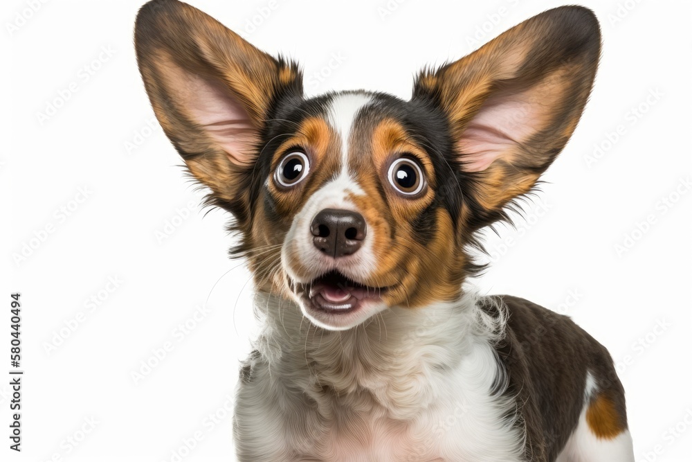 Funny look of surprise on a puppy dog's face, with big ears. Stands out against a white background. Generative AI Funny look of surprise on a puppy dog's face, with big ears. Stands out against a white background. Generative AI