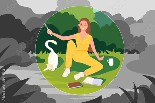 Personal boundaries, privacy vector illustration. Cartoon young woman drawing with brush calm space to close comfort balloon, isolated introvert sitting inside safe bubble with cat and reading books