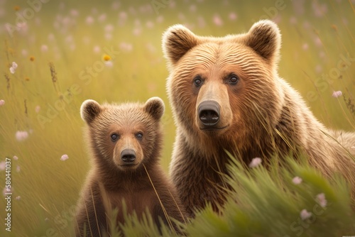 In the middle of a grassy meadow, a cute brown bear cub and an adult female brown bear with a fluffy coat were seen together. A family of bears who are paying close attention to their surroundings and