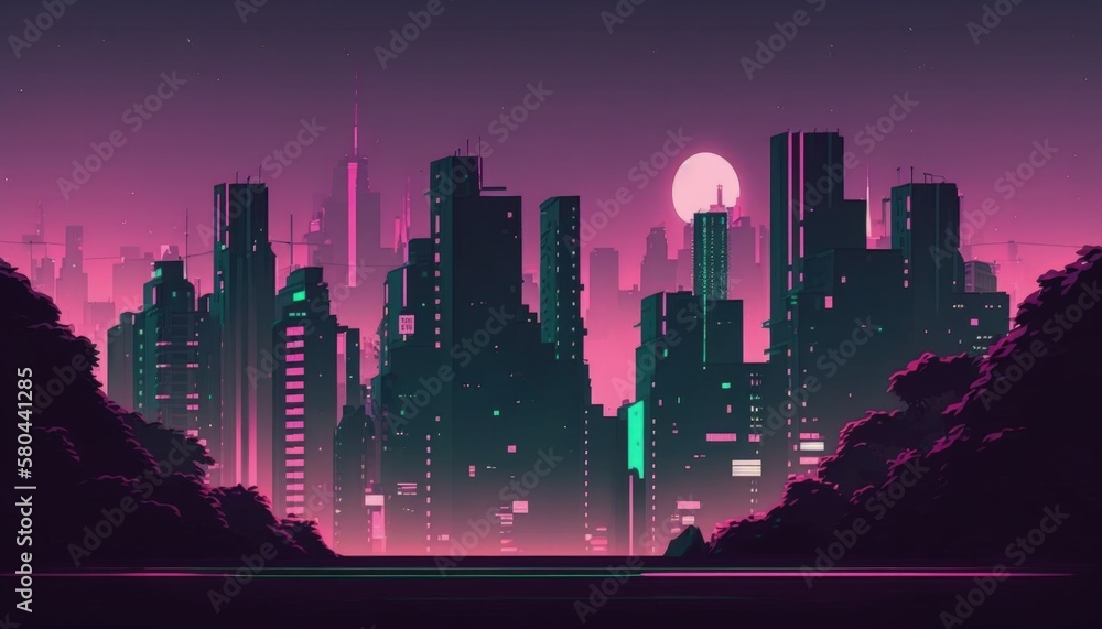 city skyline illustration manga style, green shades, chill, generative ai