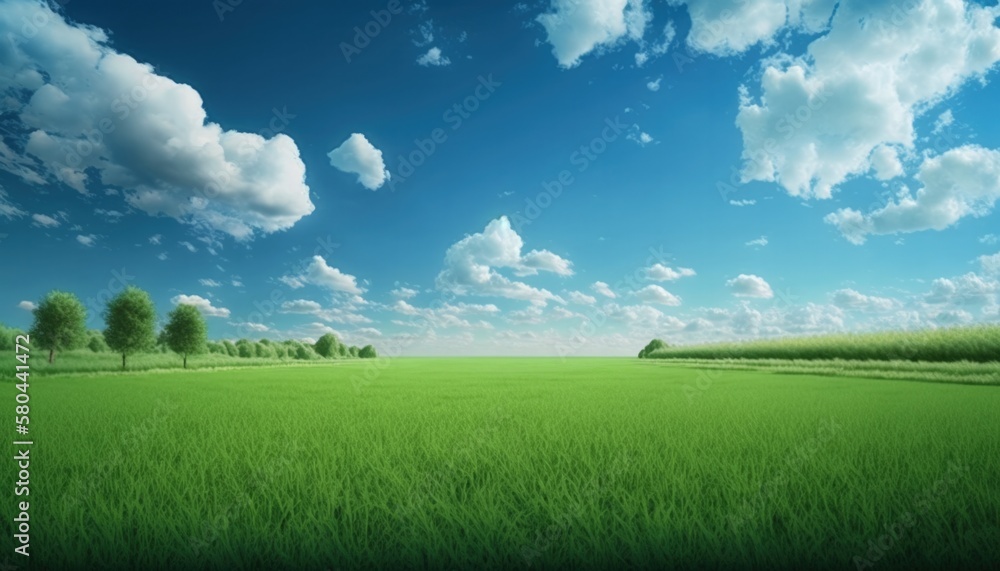 Fototapeta premium green field and blue sky, landscape background, generative ai