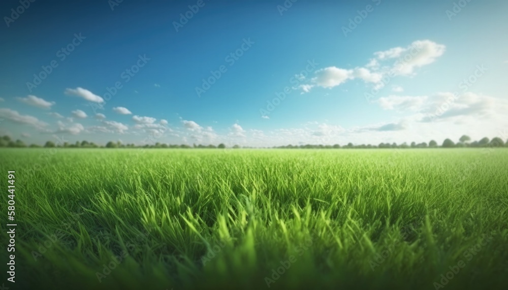 Fototapeta premium green field and blue sky, landscape background, generative ai