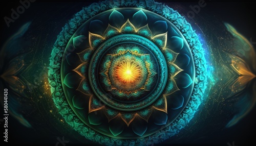 teal mandala energy, lotus, flower of life, oriental yoga, chakra abstract, generative ai