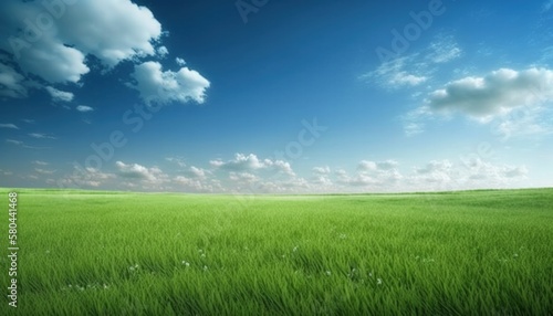 green field and blue sky, landscape background, generative ai © ThisDesign
