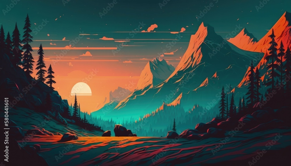 a colorful landscape with mountains and trees. generative ai