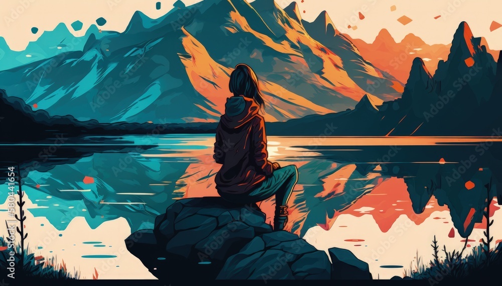 Fototapeta premium a woman sits on a rock in front of a lake and looks at the sunset. manga style, generative ai