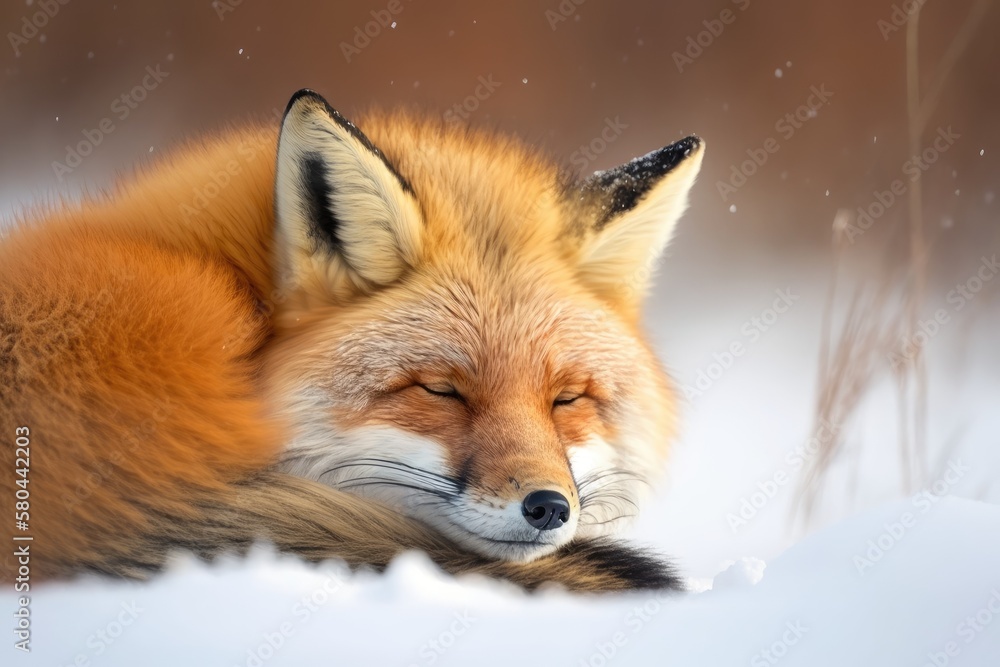 Fox, red (Vulpes). A close up picture of a red fox. A fox is sleeping in the snow. In the far north, it's spring. Feeling soft and warm. Life in the Arctic. Chukotka's plants and animals. Siberia is i Fox, red (Vulpes). A close up picture of a red fox. A fox is sleeping in the snow. In the far north, it's spring. Feeling soft and warm. Life in the Arctic. Chukotka's plants and animals. Siberia is i