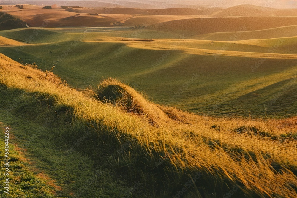 Obraz premium Beautiful natural spring summer landscape of meadow in a hilly area on sunset. Field with young green grass