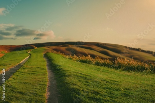 Beautiful natural spring summer landscape of meadow in a hilly area on sunset. Field with young green grass and a road