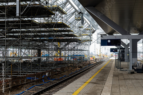 Extensive scaffolding providing platforms for work on a new railway station building
