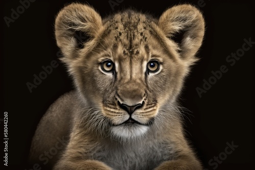 Front view of a portrait of a lion cub looking at the camera, isolated on a black background. Generative AI © AkuAku