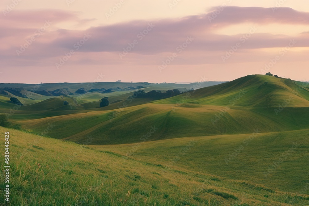 Beautiful natural spring summer landscape of meadow in a hilly area on sunset. Field with young green grass