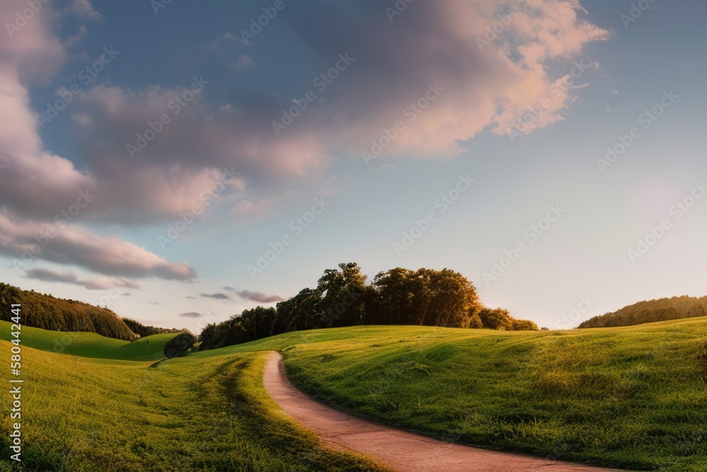 Beautiful natural spring summer landscape of meadow in a hilly area on sunset. Field with young green grass and a road