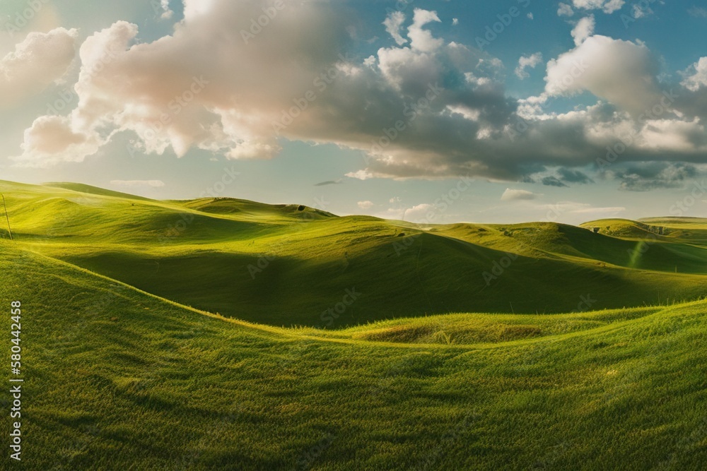 Obraz premium Beautiful natural spring summer landscape of meadow in a hilly area on sunset. Field with young green grass