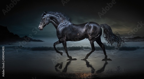 Black horse on a sandy beach at night, AI generative