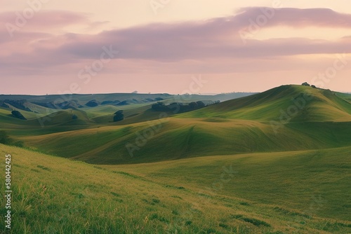Beautiful natural spring summer landscape of meadow in a hilly area on sunset. Field with young green grass