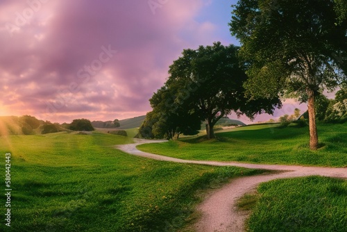 Beautiful natural spring summer landscape of meadow in a hilly area on sunset. Field with young green grass and a road