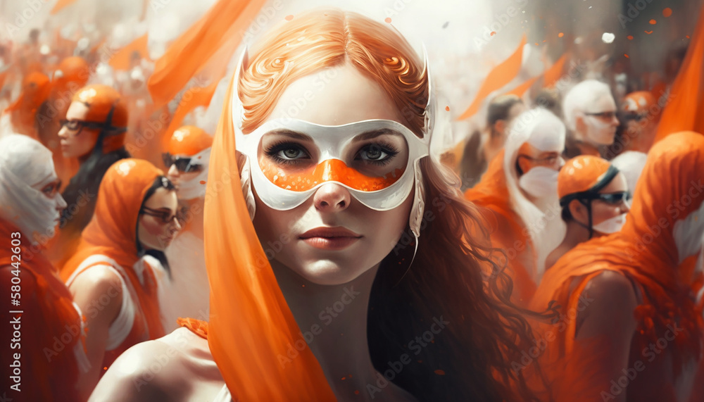 fantastic girl with red hair in a carnival mask on an orange background .Generative AI