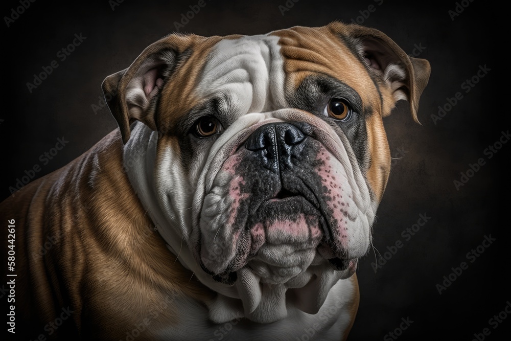Head shot of a large and beautiful English Bulldog breed dog looking straight into the camera. Generative AI