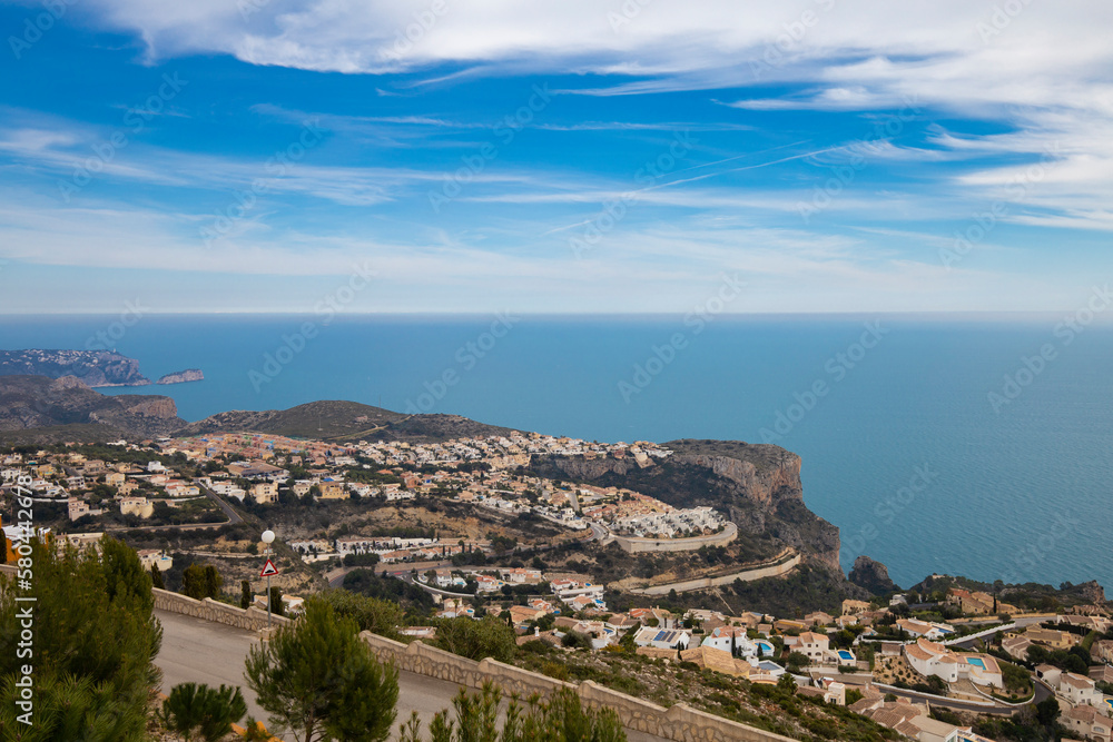 Panoramic view of Cumbre del Sol in Spain, villas on the hills and the sea