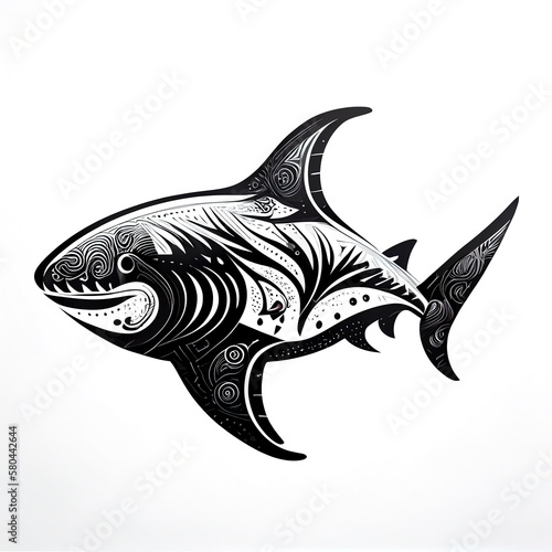 Stylized Shark in water, circular black white illustration, AI Generative