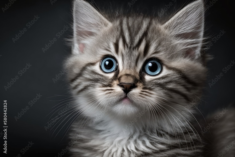 Gray tabby kitten with blue eyes seen up close. Idea about pets and how people live. On a grey background, there's a cute, fluffy cat. Generative AI Gray tabby kitten with blue eyes seen up close. Idea about pets and how people live. On a grey background, there's a cute, fluffy cat. Generative AI