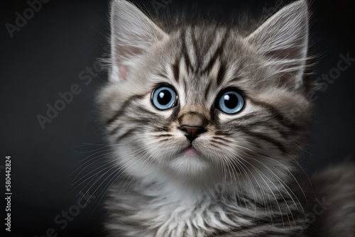 Gray tabby kitten with blue eyes seen up close. Idea about pets and how people live. On a grey background, there's a cute, fluffy cat. Generative AI © AkuAku