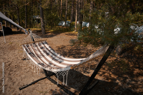 A striped white and brown fabric hammock is suspended in the forest.
