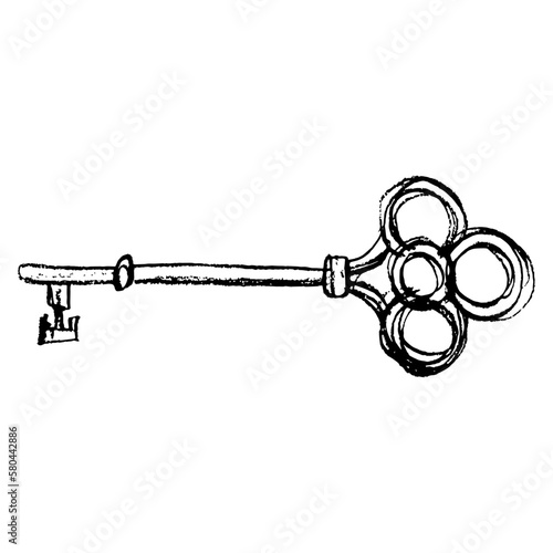 Antique skeleton key. Hand drawn linear doodle rough sketch. Black silhouette on white background.