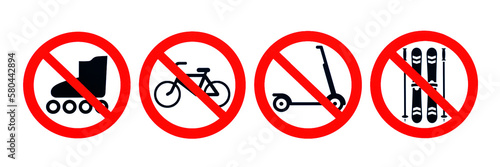 Icons on a transparent background with a red prohibition sign: a ban on rollers, bicycles, scooters and various sports equipment